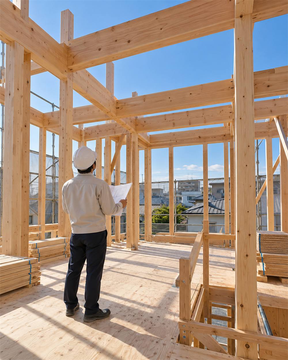 建築中の現場で柱と梁を確かめる建築士