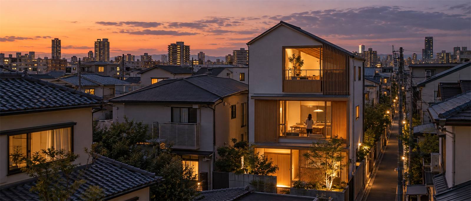 夕暮れの街に明かりが灯る木の家
