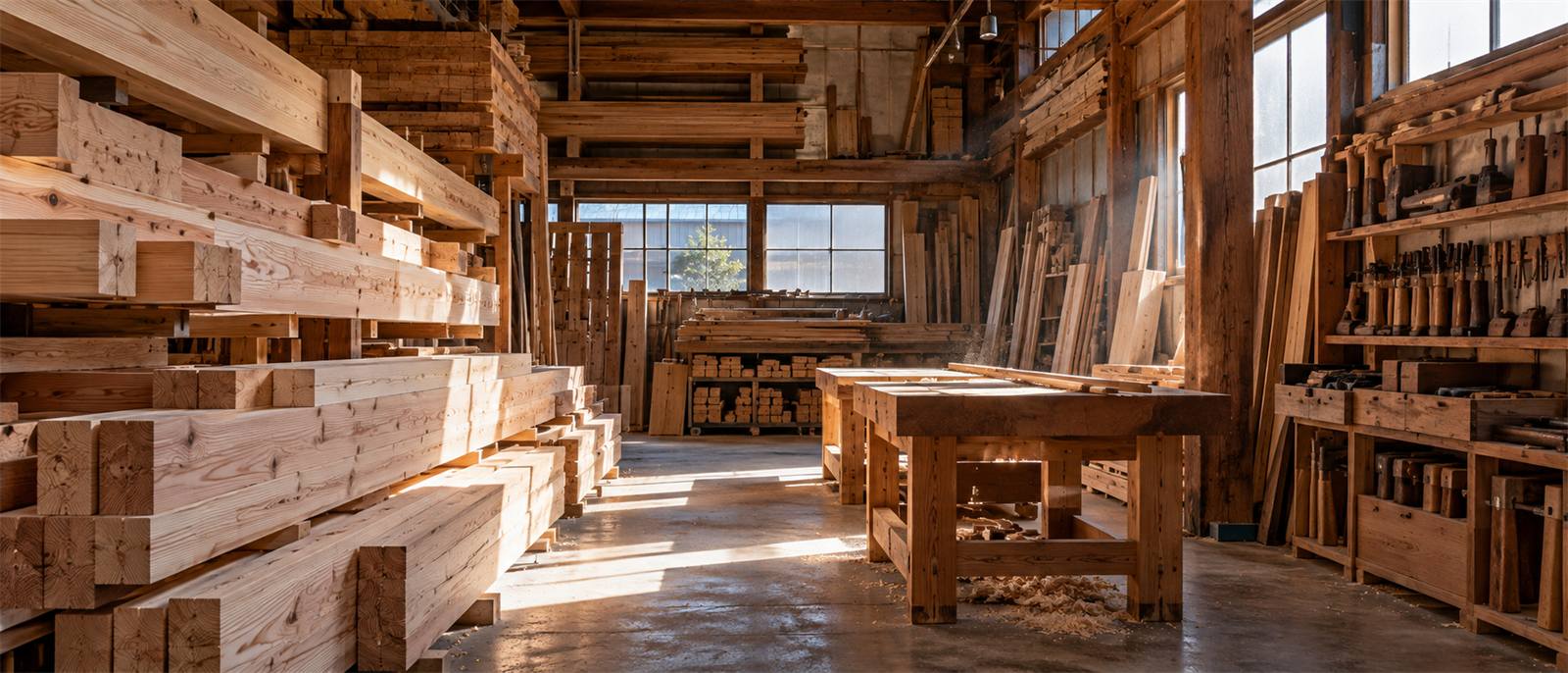木材が並ぶ作業場