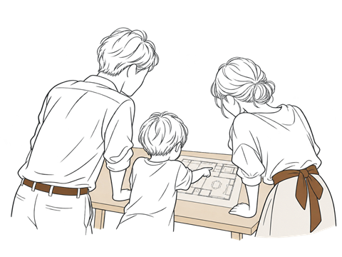 間取りのスケッチを囲むご家族のイラスト
