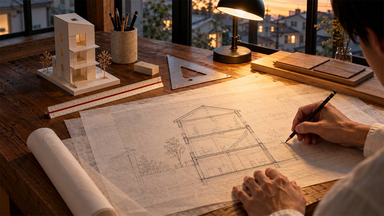 建築士が三角定規を使って断面図を描く手元