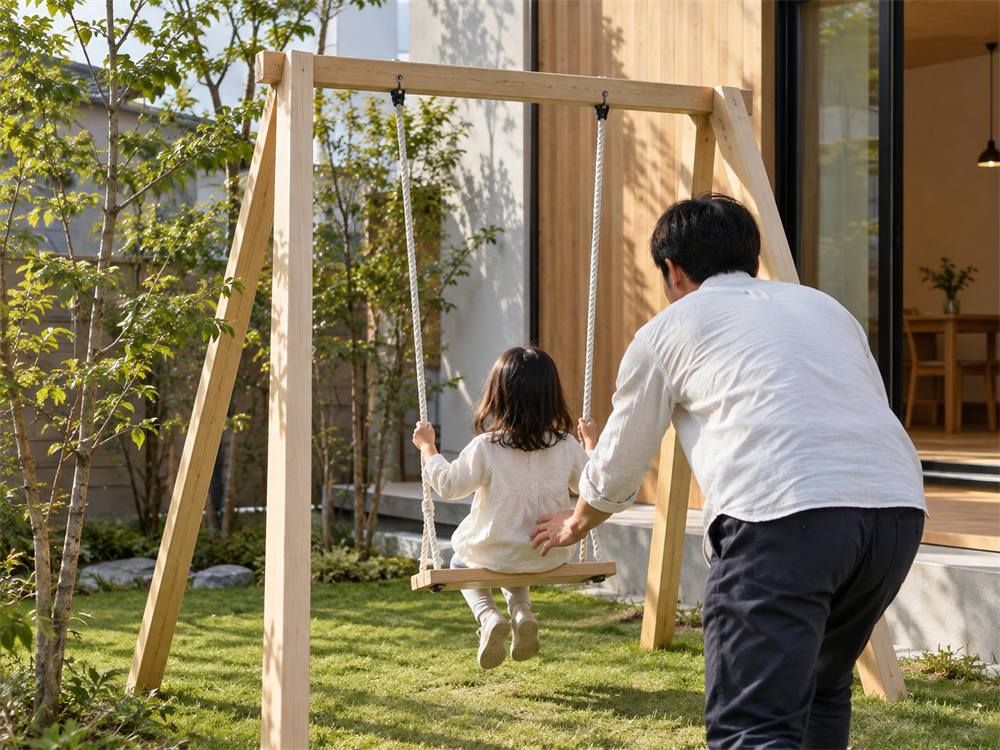庭に置いた白木の木製ブランコ