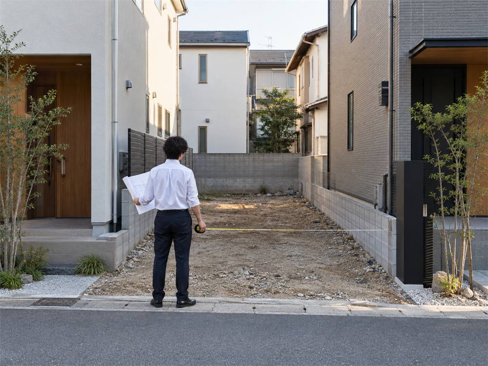 空き地で敷地の寸法を確かめる建築士